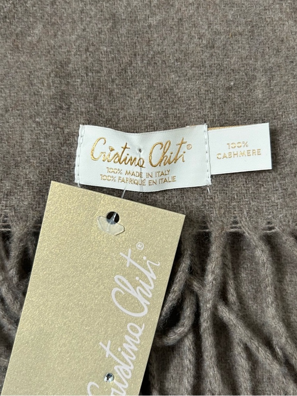NWT Cristina Chiti Soft 100% Cashmere Taupe Fringe Scarf Made in Italy Fall Gift - Picture 2 of 6